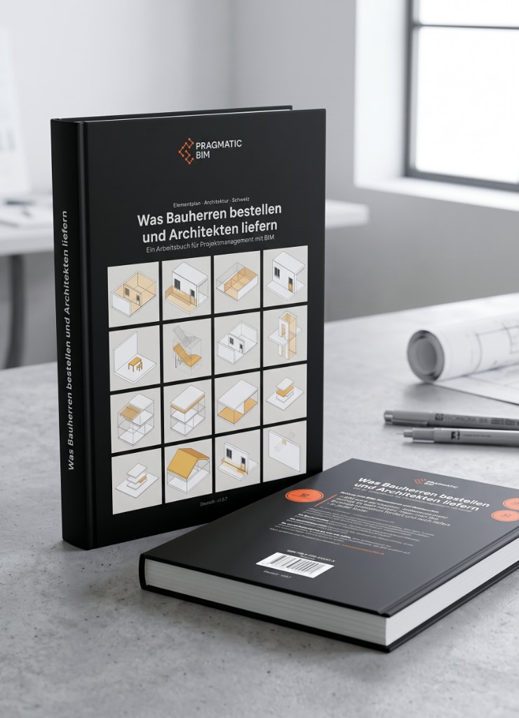 Printed pragmaticBIM book on a work table with drawings and pens