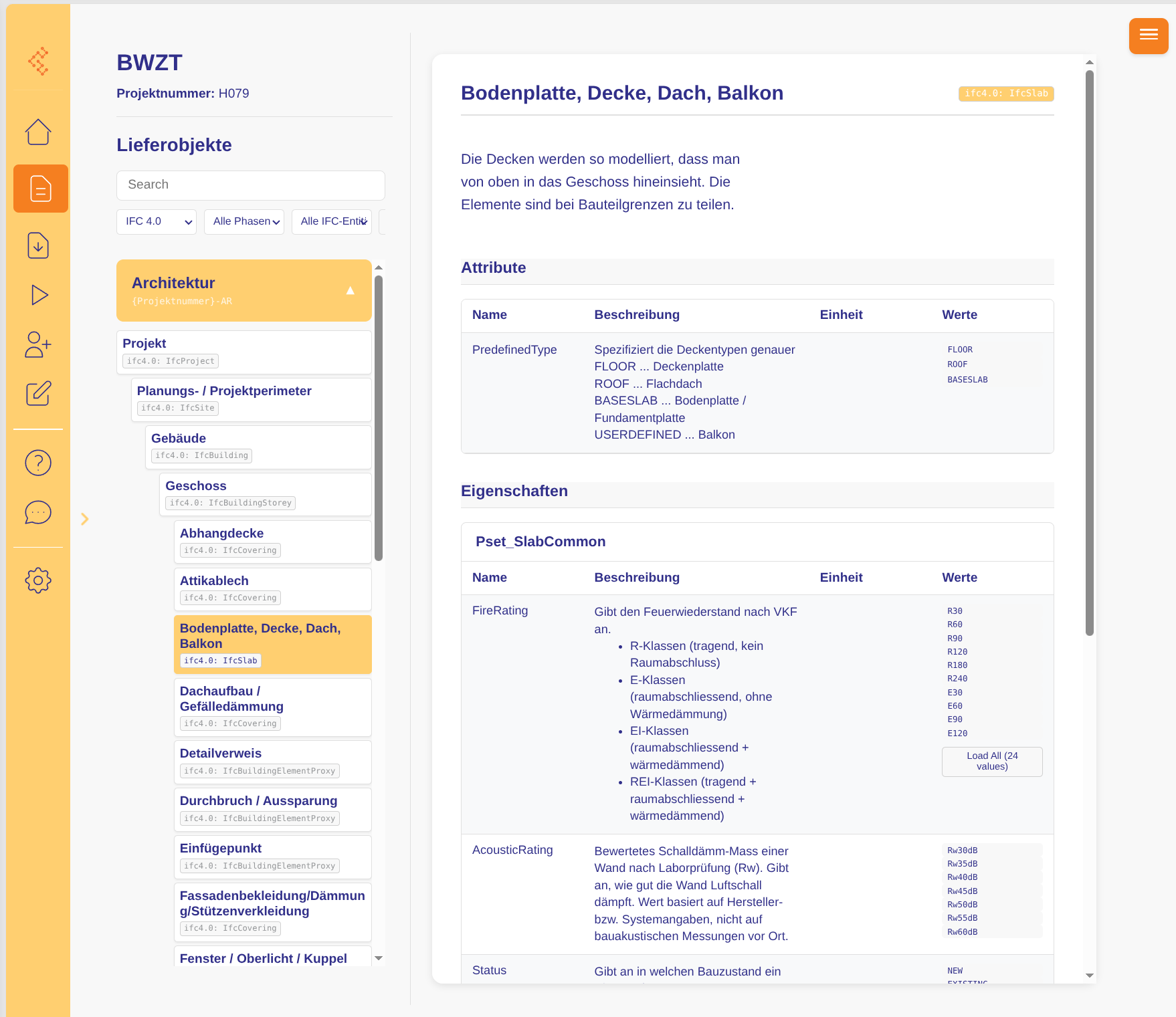 Interfaccia pragmaticBIM con attributi IFC, property set e valori di specifica machine-readable