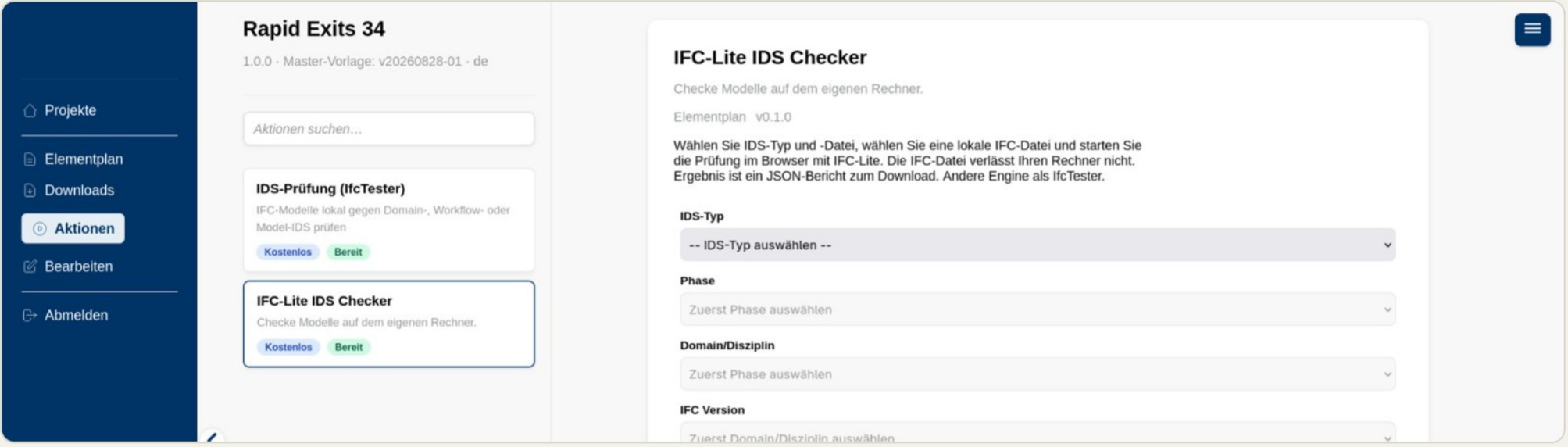 Aktionen im Viewer des Projekts Rapid Exits 34 mit dem IFC-Lite IDS Checker, der ein lokales IFC gegen die publizierte IDS prüft.