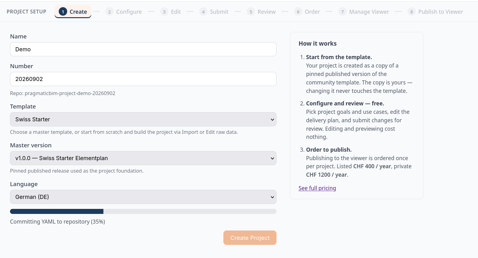 Project setup step 1 in the editor with fields for number, language, and pinned master version while the GitHub repository is being created.