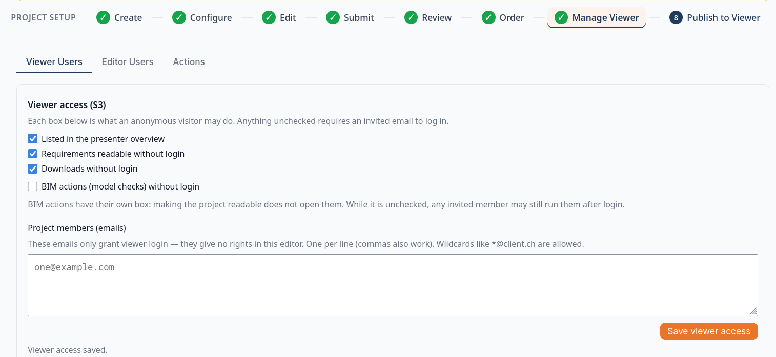 Schritt Manage Viewer mit Checkboxen für den anonymen Zugriff und einem Textfeld für die E-Mails der Projektmitarbeitenden.