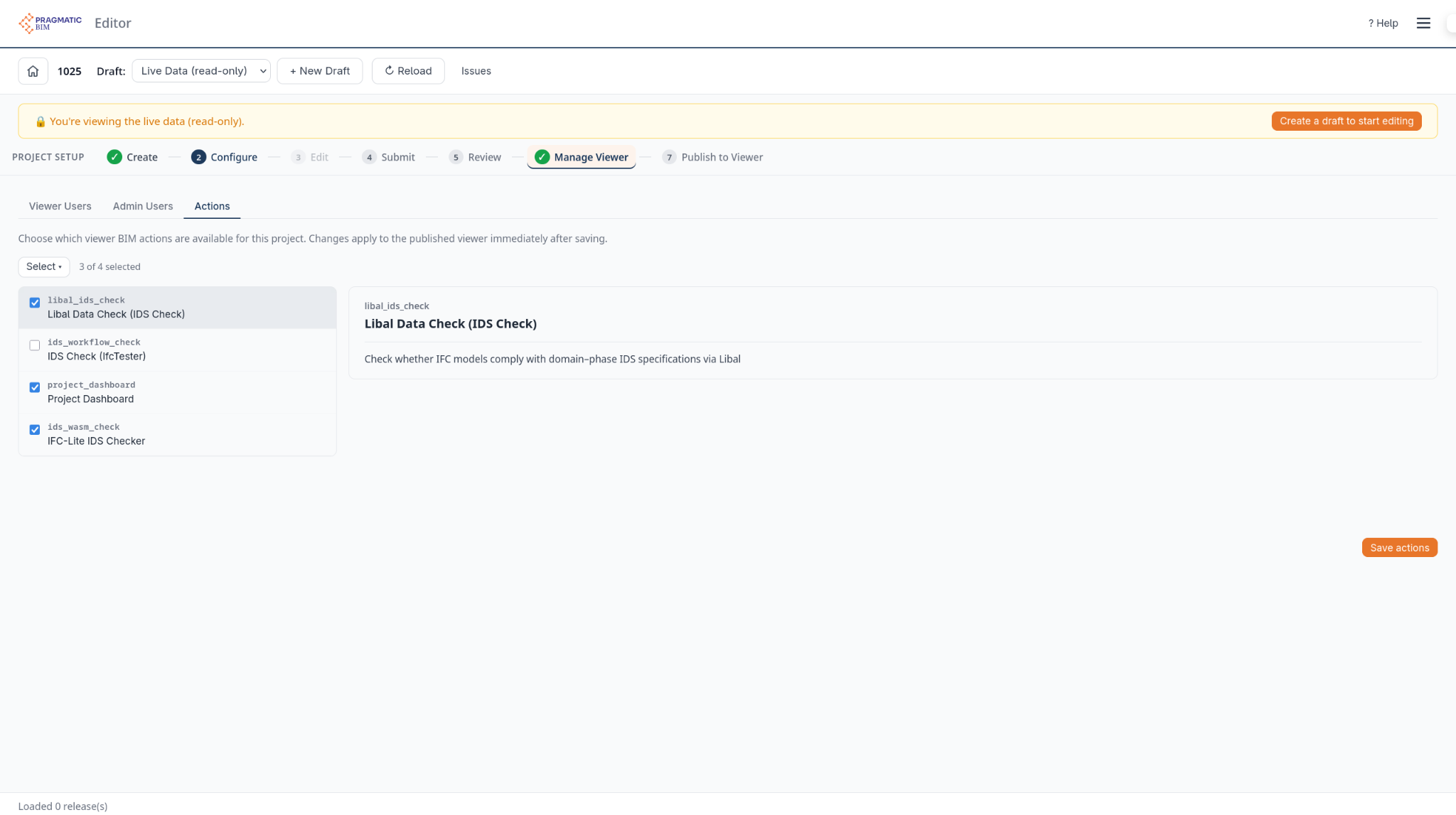 Register Actions mit den BIM-Actions des Viewers, etwa IDS-Check und Projekt-Dashboard, samt Checkboxen zur Freigabe pro Projekt.