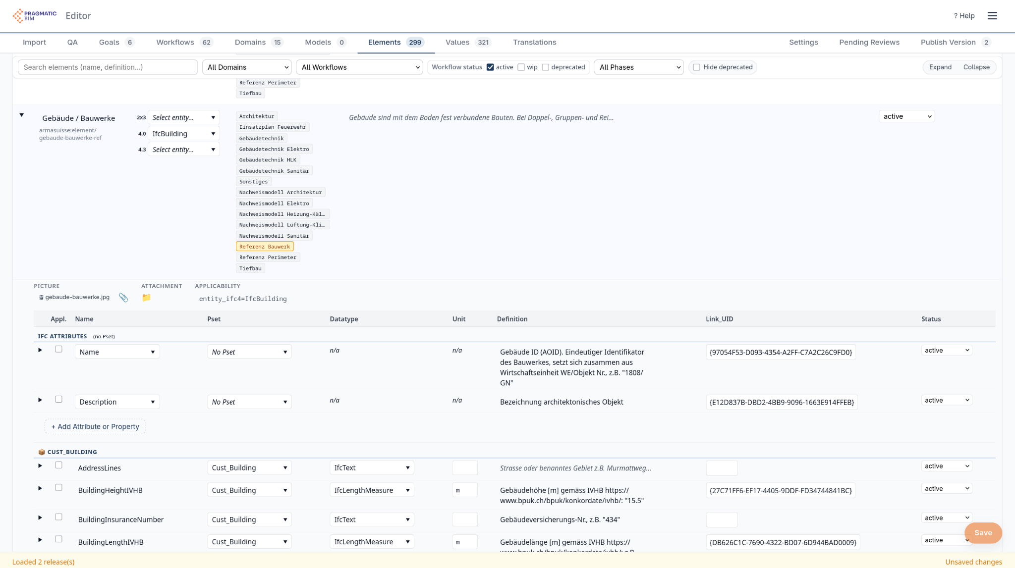 Elemente einer Master-Vorlage mit IFC-Entity, Domains, Attributen, Psets, Datentypen und Definitionen als strukturierte Daten.
