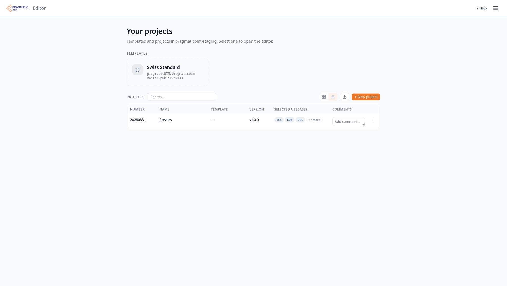 Projektliste im Editor mit der verwendeten Vorlagenversion und den gewählten Use Cases pro Projekt.