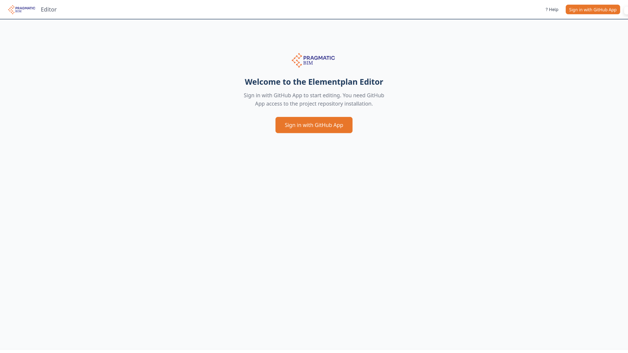 Startbildschirm des Elementplan-Editors mit Schaltfläche zur Anmeldung über die GitHub App.