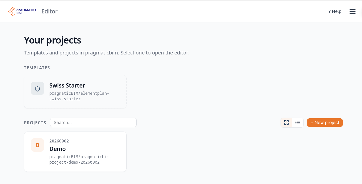 Editor Your projects screen with the Swiss Starter template above a Demo project card.