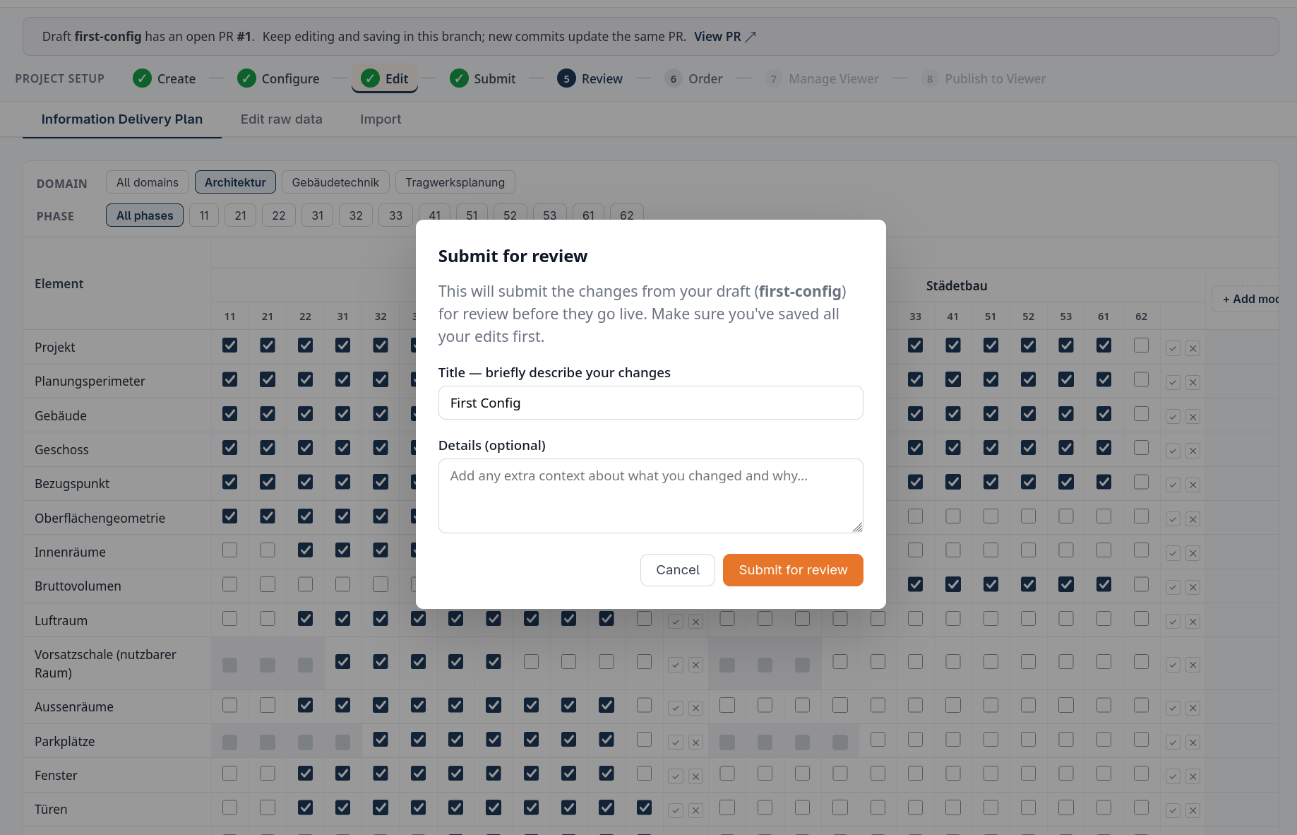Submit for review dialog over the Information Delivery Plan with title First Config and Submit for review button.