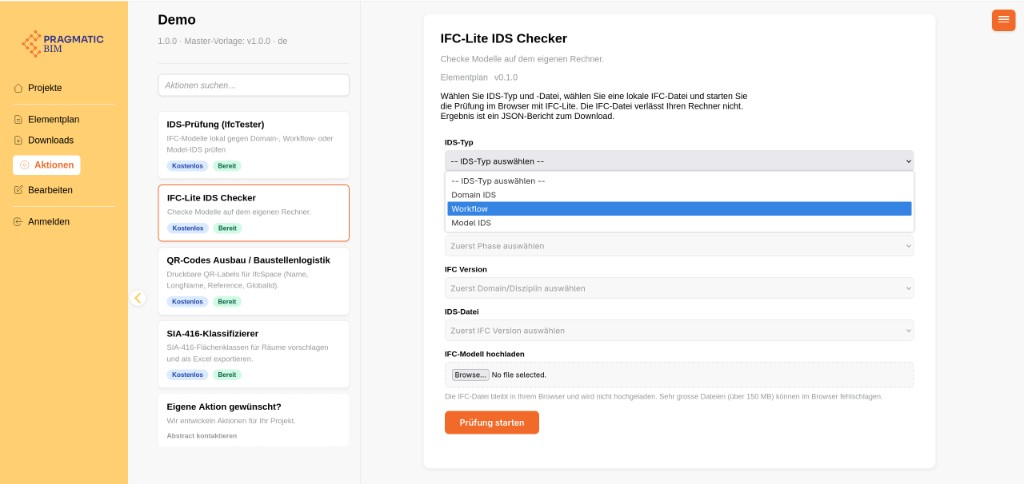Viewer Actions with IFC-Lite IDS Checker selected, Workflow IDS type open, and the local IFC upload field.