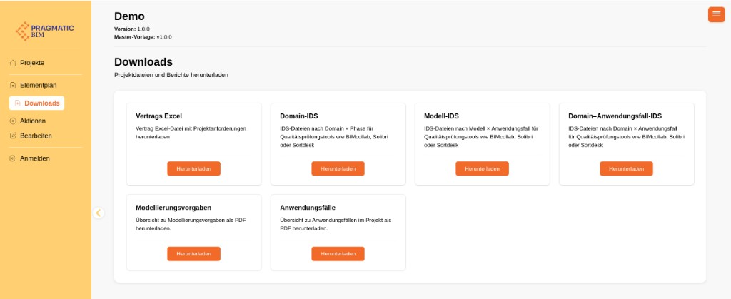 Viewer Downloads page with cards for contract Excel, Domain IDS, Model IDS, Domain use-case IDS, modelling guidelines, and use case PDFs.
