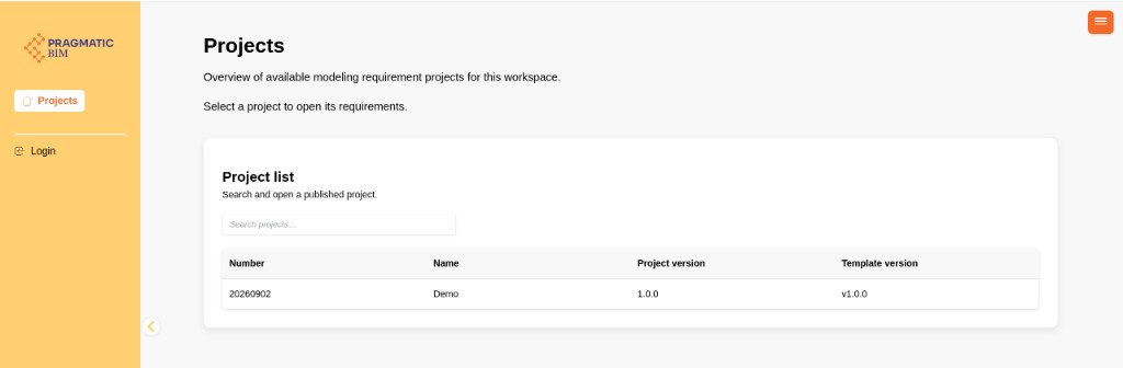 Projektliste im Elementplan-Viewer mit Nummer, Name, Projektversion und Vorlagenversion.